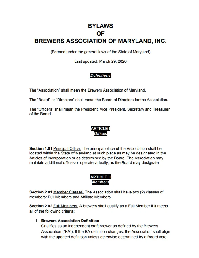 Brewers Association of Maryland Member Bylaws